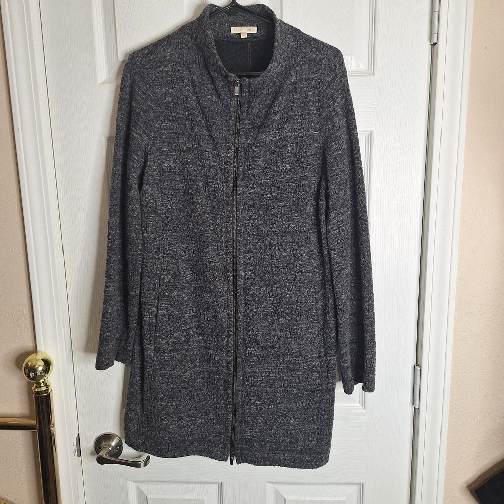 Eileen Fisher Terrazzo Stretch Ripple Zip Up Long Sleeve Cardigan Coat